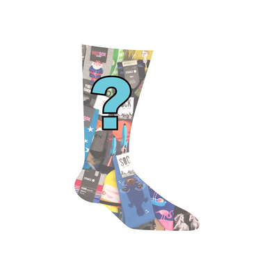 An image of a sock with question marks to symbolize a men's mystery sock