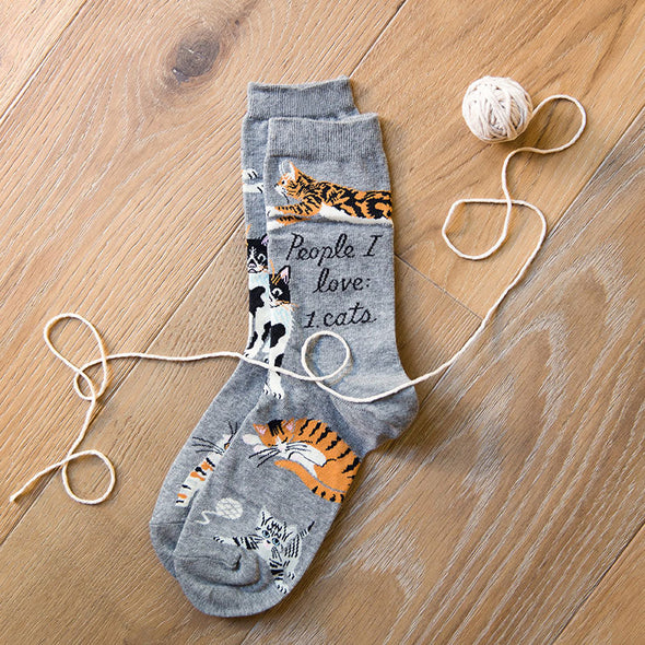 Flat lay view of funny cat socks for women that say, "People I love: 1. Cats"