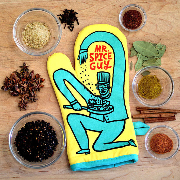 funny, colorful oven mitt that says, "mr. spice guy" surrounded by various spices
