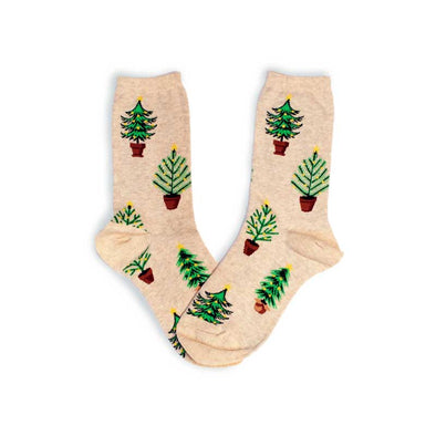 Cute women’s holiday socks with Christmas trees and shiny accent yarn details