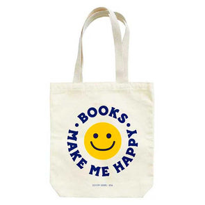 Cheerful canvas tote bag with a smiley face and the words “Books make me happy”