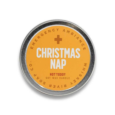 Fun scented candle tin that says, “Christmas nap” on the lid