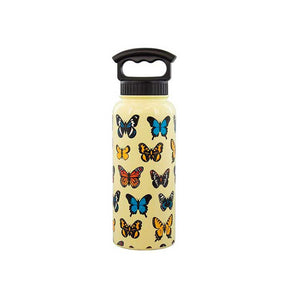 Fun insulated water bottle with a pattern of colorful butterflies
