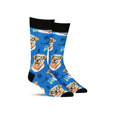 Funny dog socks in blue with “science Labs” doing chemistry experiments