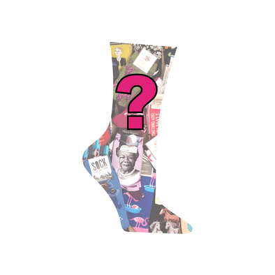 An image of a sock with question marks to symbolize a women's mystery sock