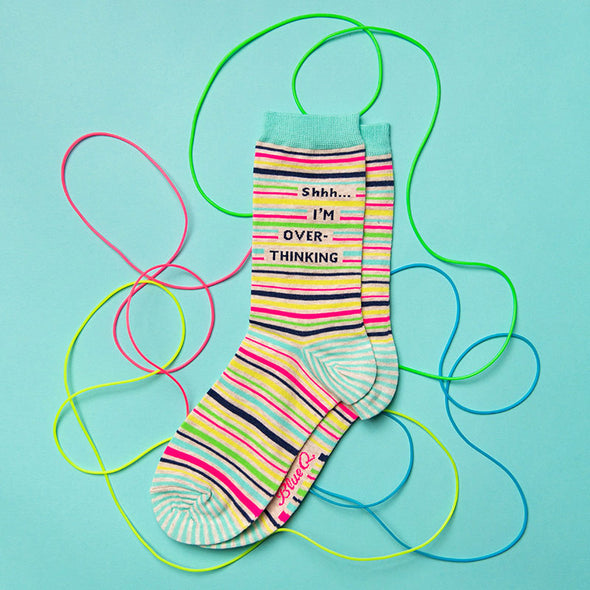 cute women's socks with colorful stripes and the words "shhh... I'm over-thinking"