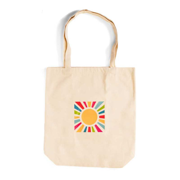 Cool tote bag with an original design of a colorful sun on one side