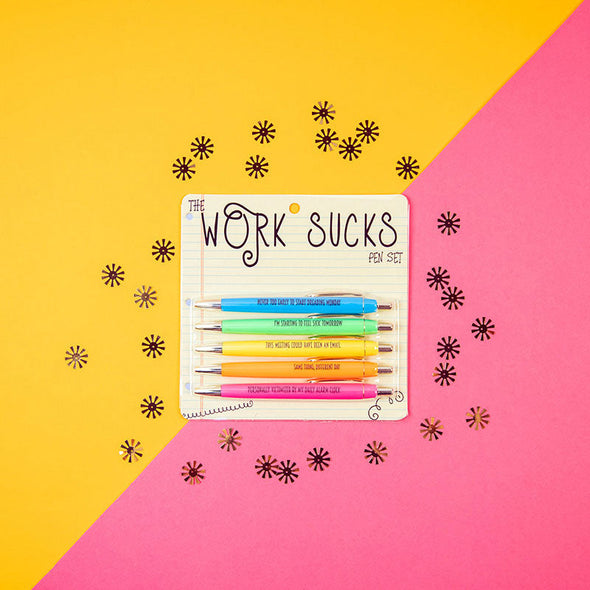 Set of five snarky pens with sayings about how work sucks