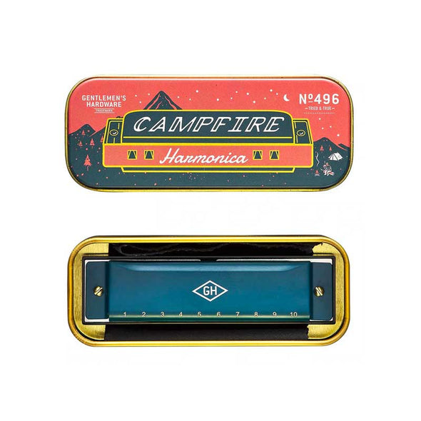 Colorful harmonica in a metal tin