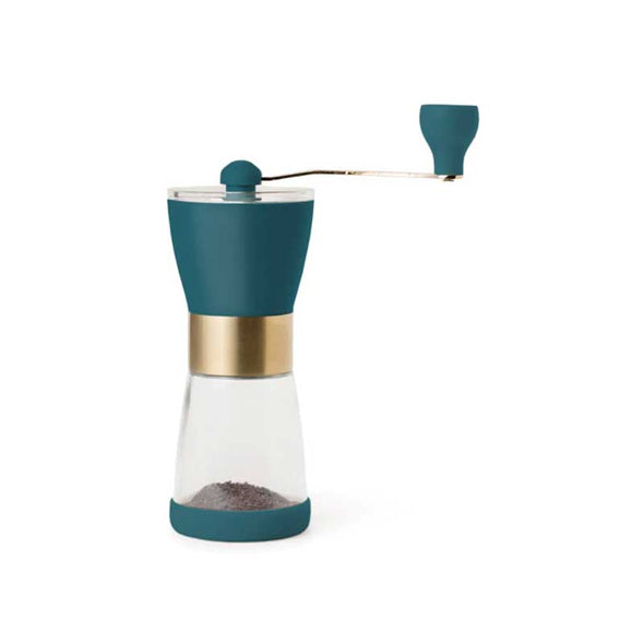 Alternate view of  manual coffee grinder in dark teal