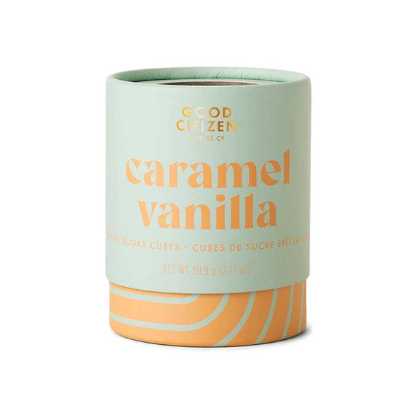 Container of gourmet caramel vanilla flavored sugar cubes