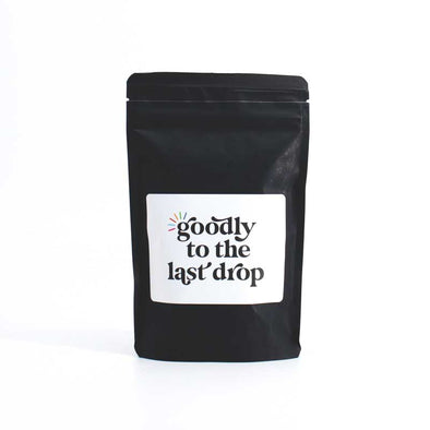 A bag of Goodly to the Last Drop coffee blend