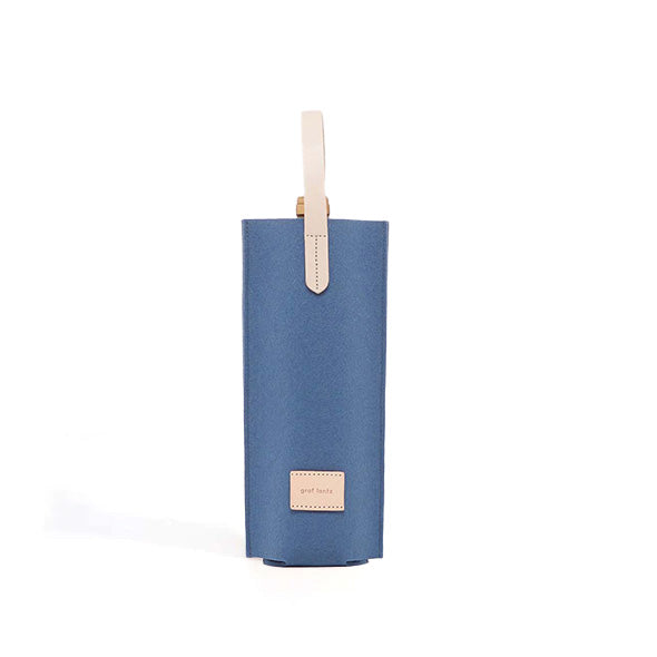 Merino wool felt wine tote bag with leather handles, in blue
