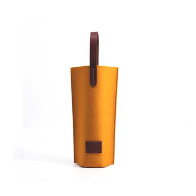 Merino wool felt wine tote bag with leather handles, in turmeric orange