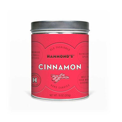 Cinnamon hard candies in a classic, bright red tin