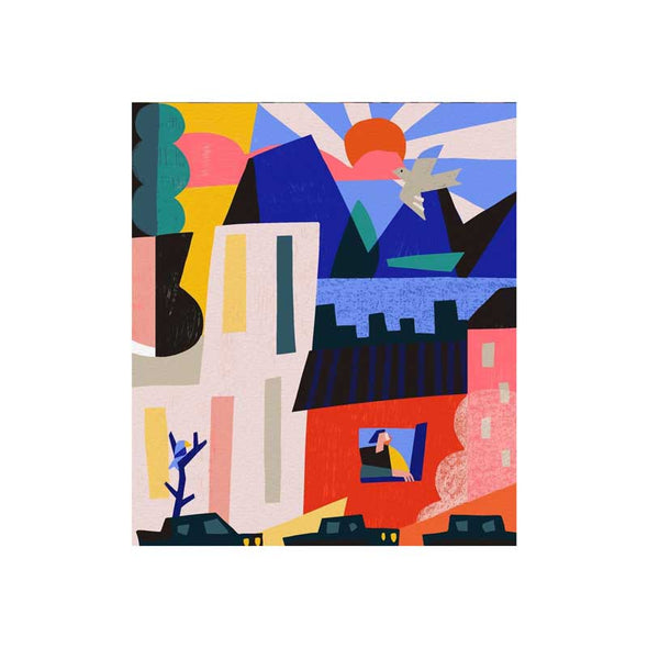 Alternate view ofpuzzle kit showing a cubist scene of a city and mountains