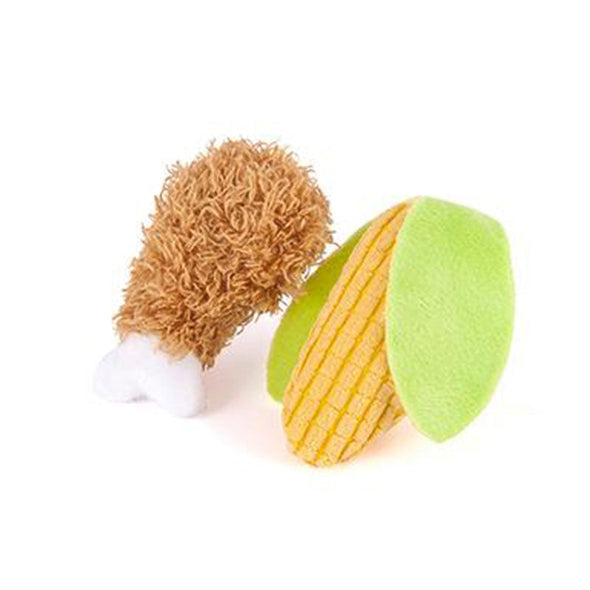 Cute, interactive cat toys shaped like a chicken leg and an ear of corn
