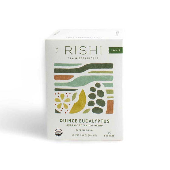 Organic, caffeine-free tea sachets with the flavors of quince and eucalyptus