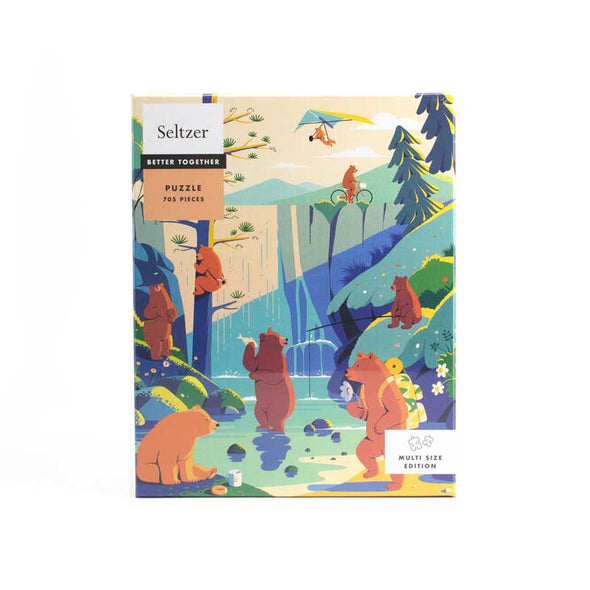 Challenging jigsaw puzzle depicting bears in the forest hiking, hang gliding and more