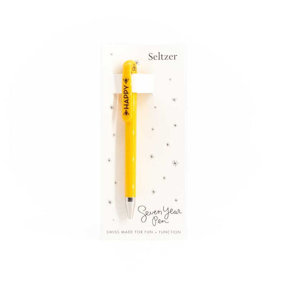 Fun, bright yellow pen with the word “happy” and images of bees and honeycombs