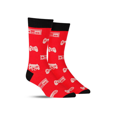 Fun novelty video game socks for men, with a pattern of different controllers