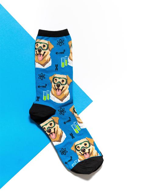 Alternate view of cute women's dog socks, featuring a pattern of goggle-wearing dogs, test tubes and science equations 