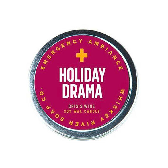 Funny holiday candle tin that smells like “crisis wine”