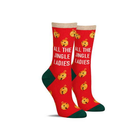 Colorful Christmas socks for women with gold jingle bells and the words, “All the jingle ladies” set against a red background