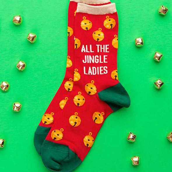 A series of jingle bells surrounding colorful Christmas socks for women that show gold jingle bells and the words, "All the jingle ladies"