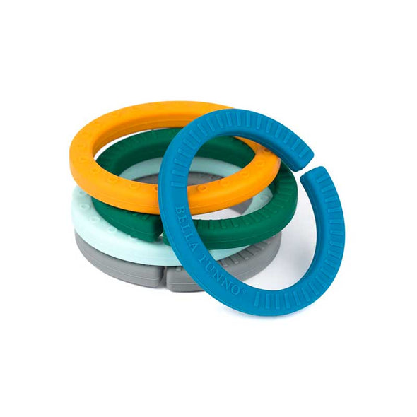 Set of 5 bright, colorful, food-grade silicone rings for babies and toddlers