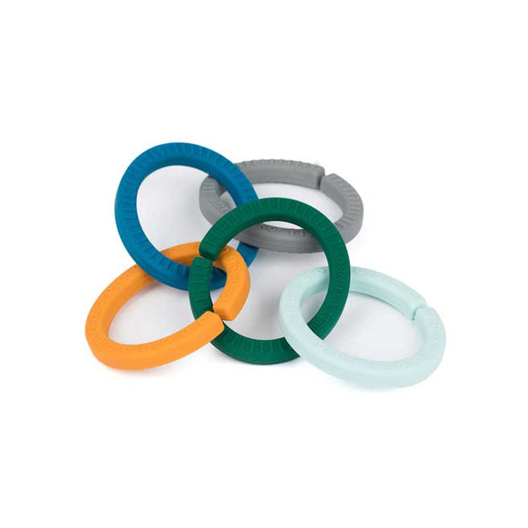 Set of 5 bright, colorful, food-grade silicone rings for babies and toddlers