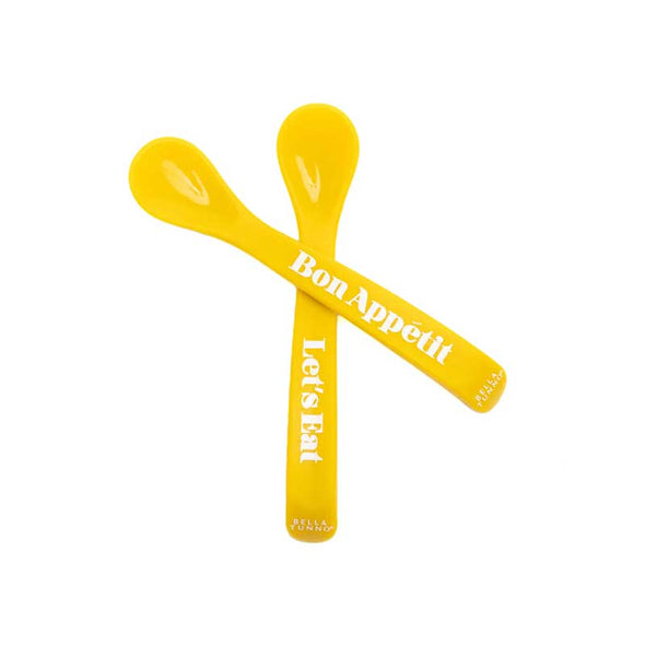 Fun yellow spoons for kids that say “let’s eat” and “bon appetit”