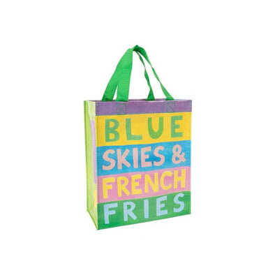 Cute handled tote bag with colorful stripes and the words “Blue skies french fries”