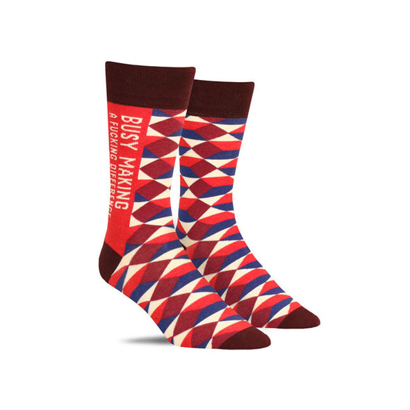 Funny men’s socks that say “Busy making a f*cking difference”
