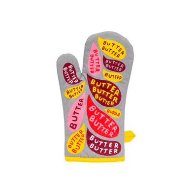 A funny, colorful oven mitt that says, "Butter butter butter" all over