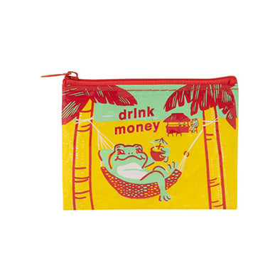 Small zippered pouch with a cute frog relaxing in a hammock and holding a tropical drink