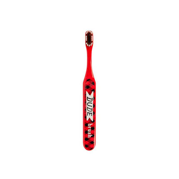 Funny toothbrush in red plaid that says “dude brush” and “the brush for dudes”