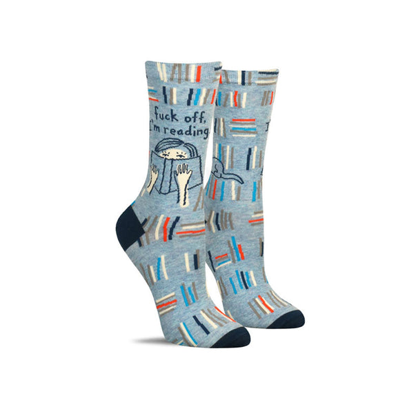 Funny book socks that say, “Fuck off, I’m reading”