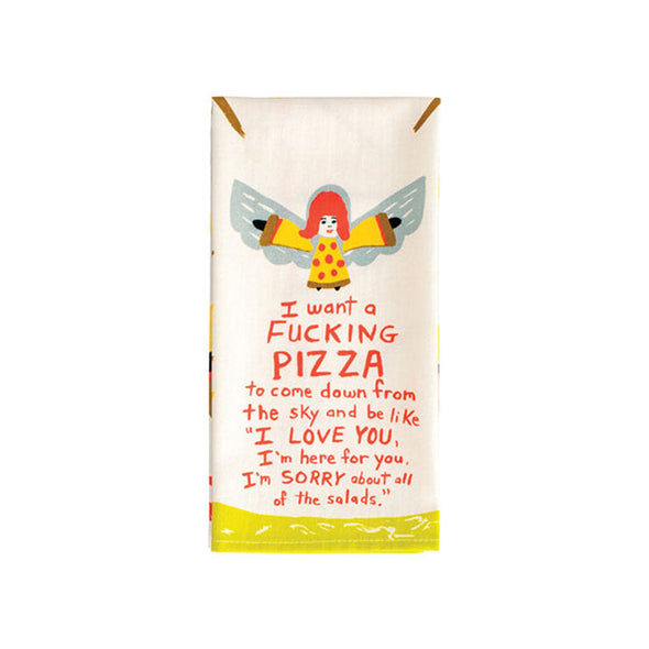 A funny dish towel with an angel bringing a pizza from heaven