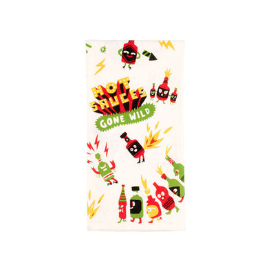 A funny dish towel with animated hot sauce bottles fighting, partying and going wild