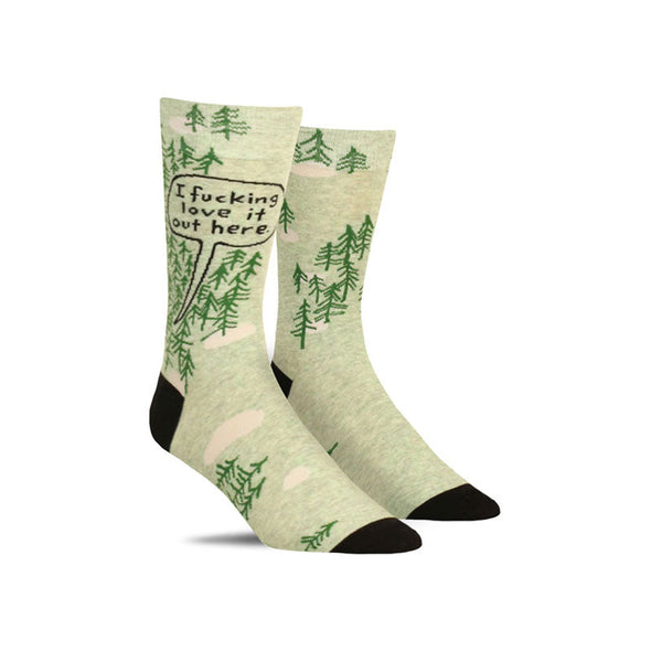 Funny men’s nature socks that say “I f*cking love it out here”