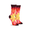 Funny women’s socks with a flower design and the words, “Watch out. I’ll fuckin’ hug you”