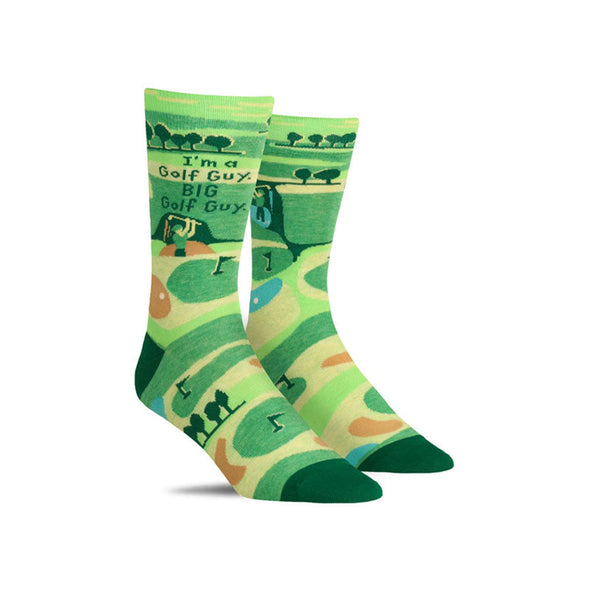 Funny men’s word socks with an image of a golf course and the words “I’m a golf guy. Big golf guy”