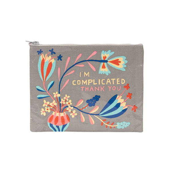 A funny floral zipper pouch that says, "I'm complicated, thank you"