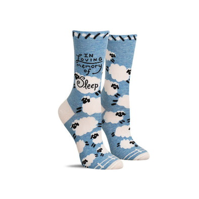 Funny women’s socks with sheep and the words “in loving memory of sleep”