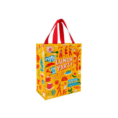 Cute yellow tote bag with illustrations and the words “Lunch party”