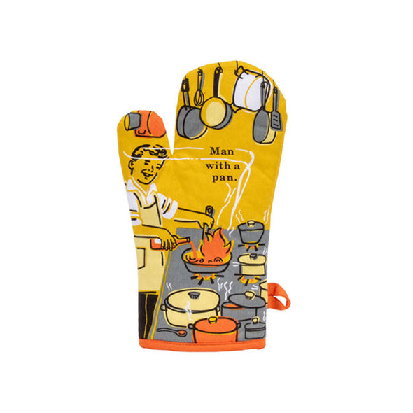 Alternate view of oven mitt that says, "Man with a pan" with an image of a guy cooking