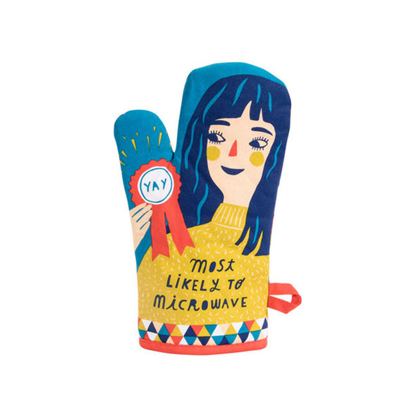 A funny oven mitt with a woman holding an award that says, "Most likely to microwave"