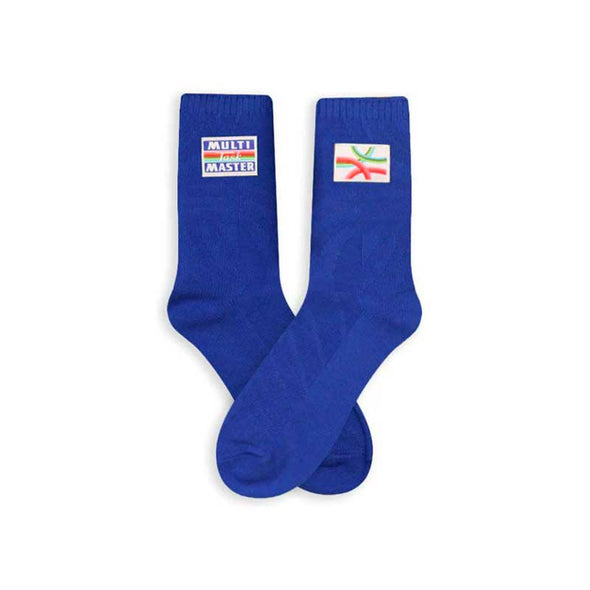 Solid blue, textured men’s socks with a small tag that says, “Multi-task master”