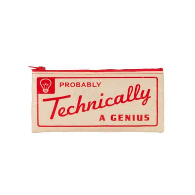 Funny white zippered pouch with red letters that say, “probably technically a genius”